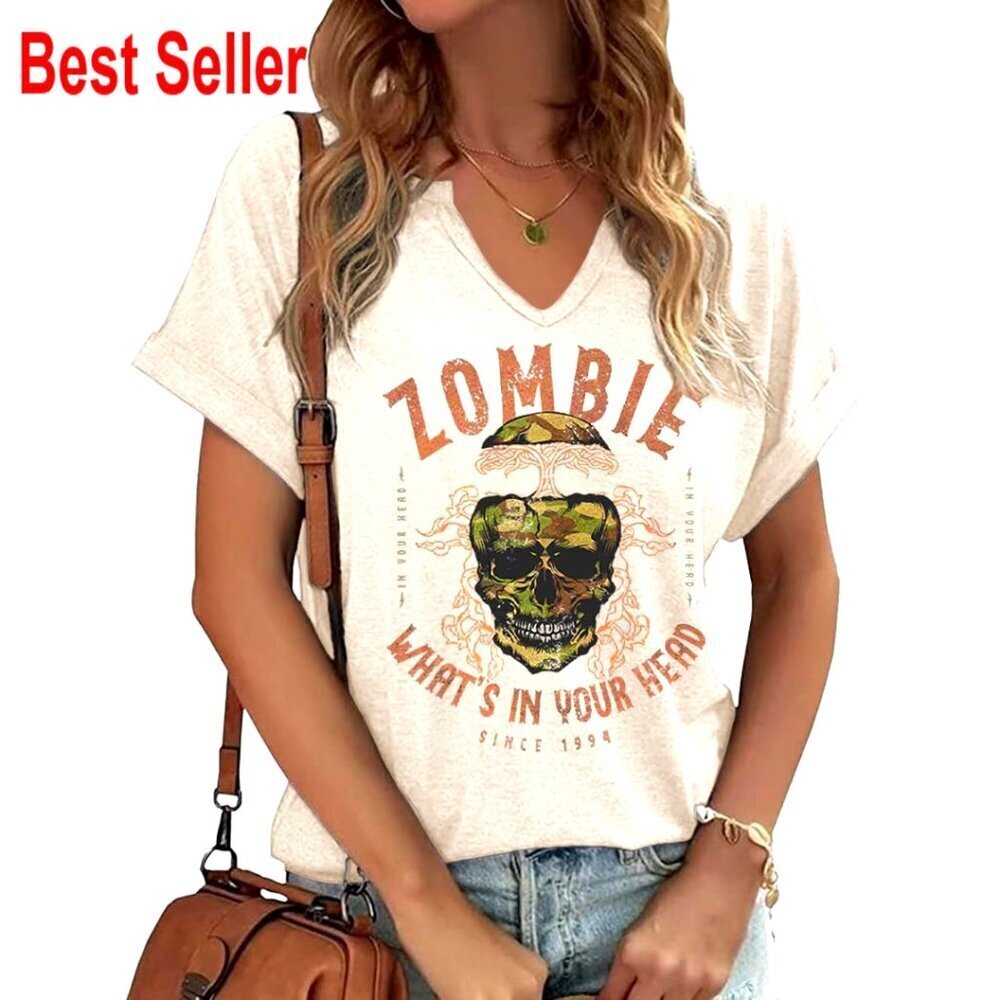 Vintage Rock Band Tee Notched V-Neck Soft Casual Women's T-Shirt